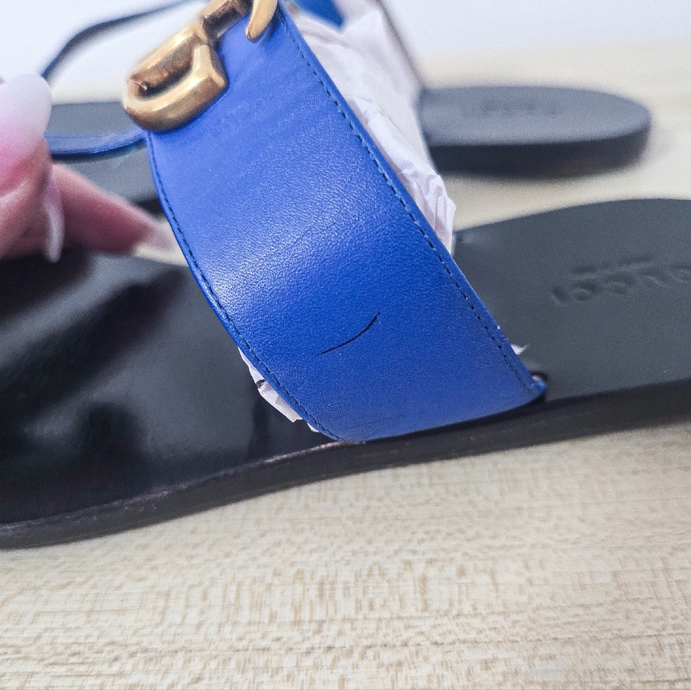 Gucci GG Marmont Calfskin Leather Thong Sandals In Electric Blue Size 37 - Picture 3 of 14